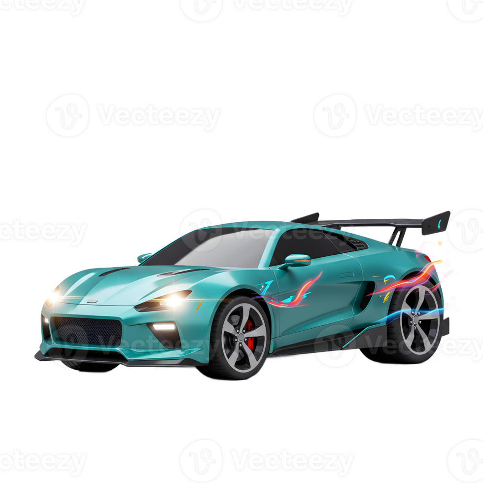 A teal sports car with bright headlights is adorned with abstract graphics and a rear spoiler, showcasing its performance potential for automotive enthusiasts. png