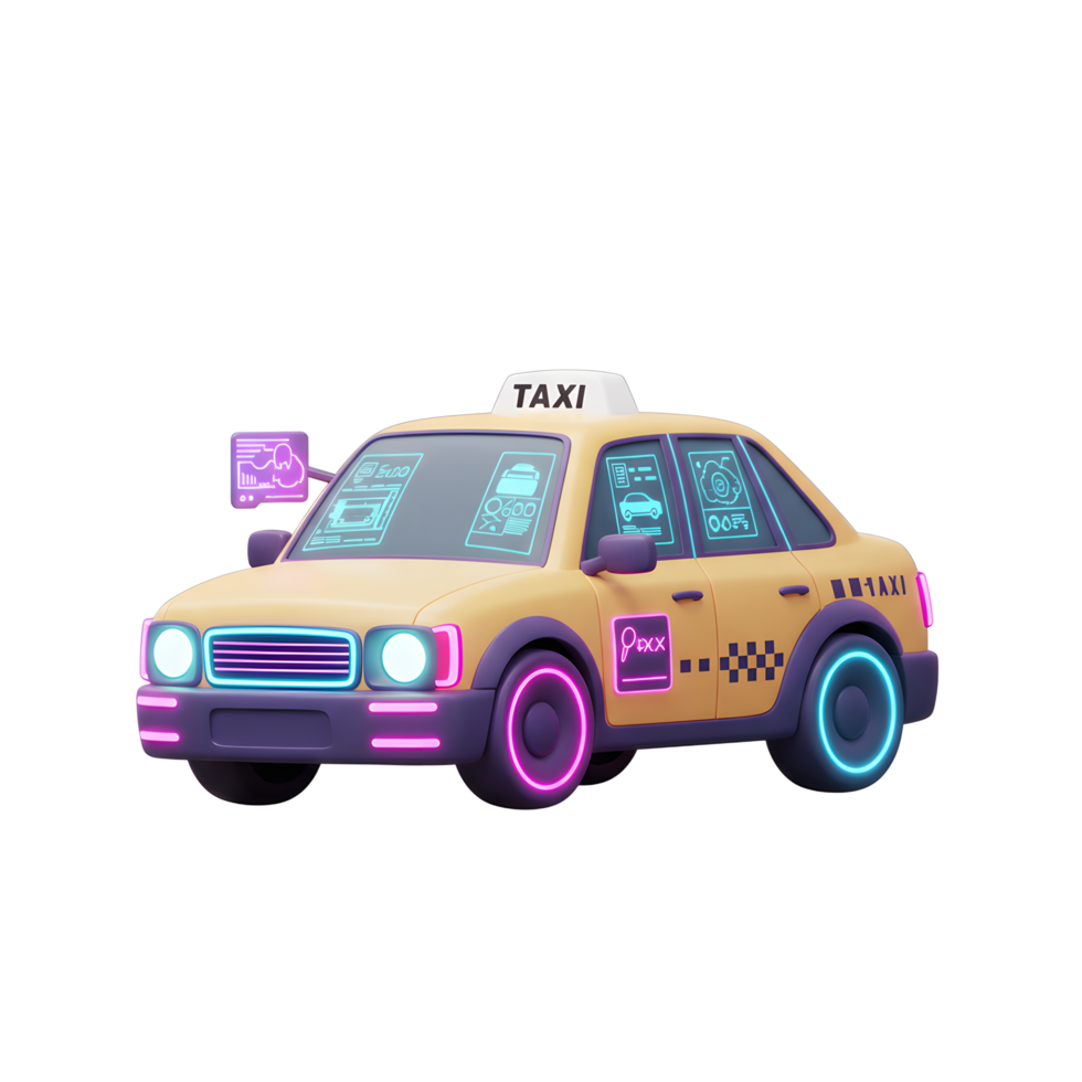 A futuristic taxi with a yellow body and neon purple and blue lights is depicted, perfect for illustrating modern transportation. png