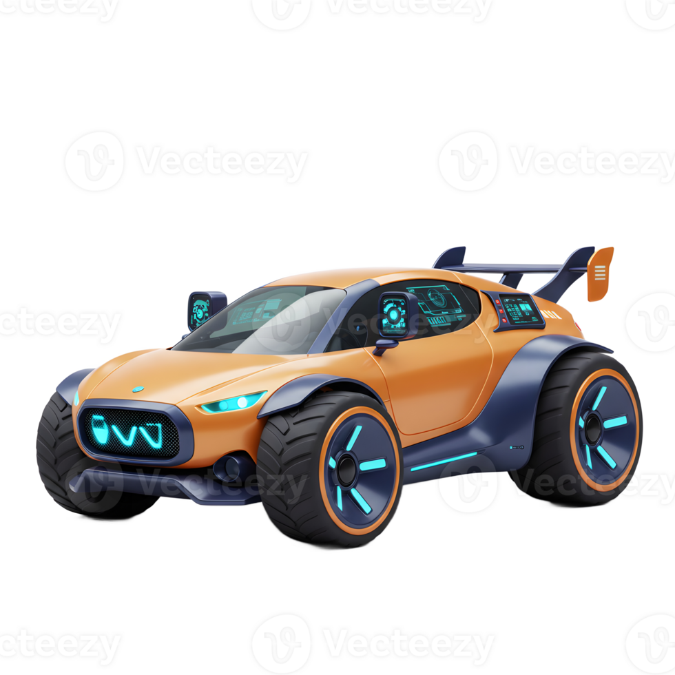 A futuristic orange car with blue accents and lights features large tires and a spoiler, making it suitable for a sci-fi game. png