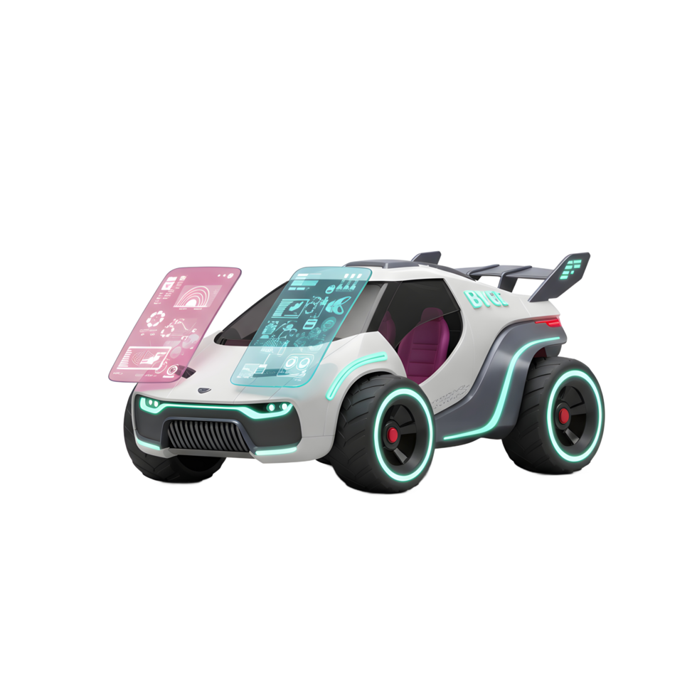 A futuristic white toy car with neon accents and digital displays sits on a white background, perfect for imaginative play. png