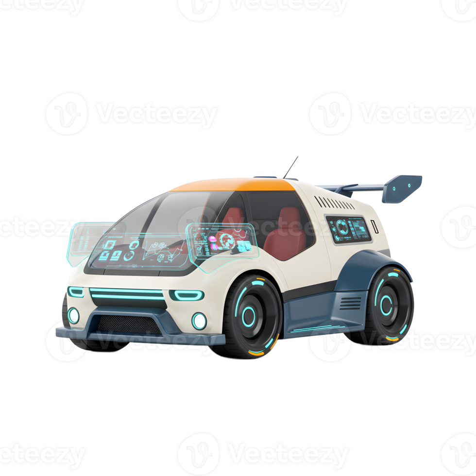 A futuristic car is rendered in a cartoon style featuring advanced technological displays for transportation. png