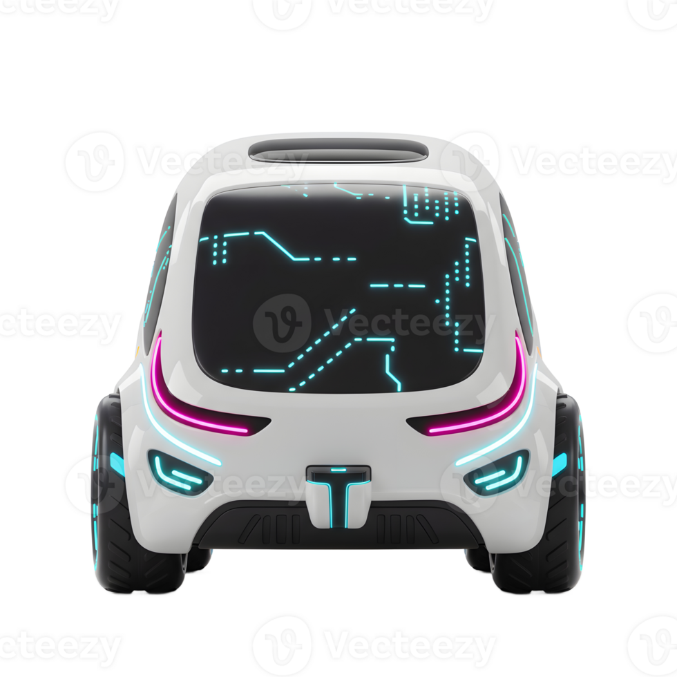 A futuristic vehicle is presented from a rear view, showcasing neon lights and a circuit board display, suggesting advanced technology or innovation in transportation. png