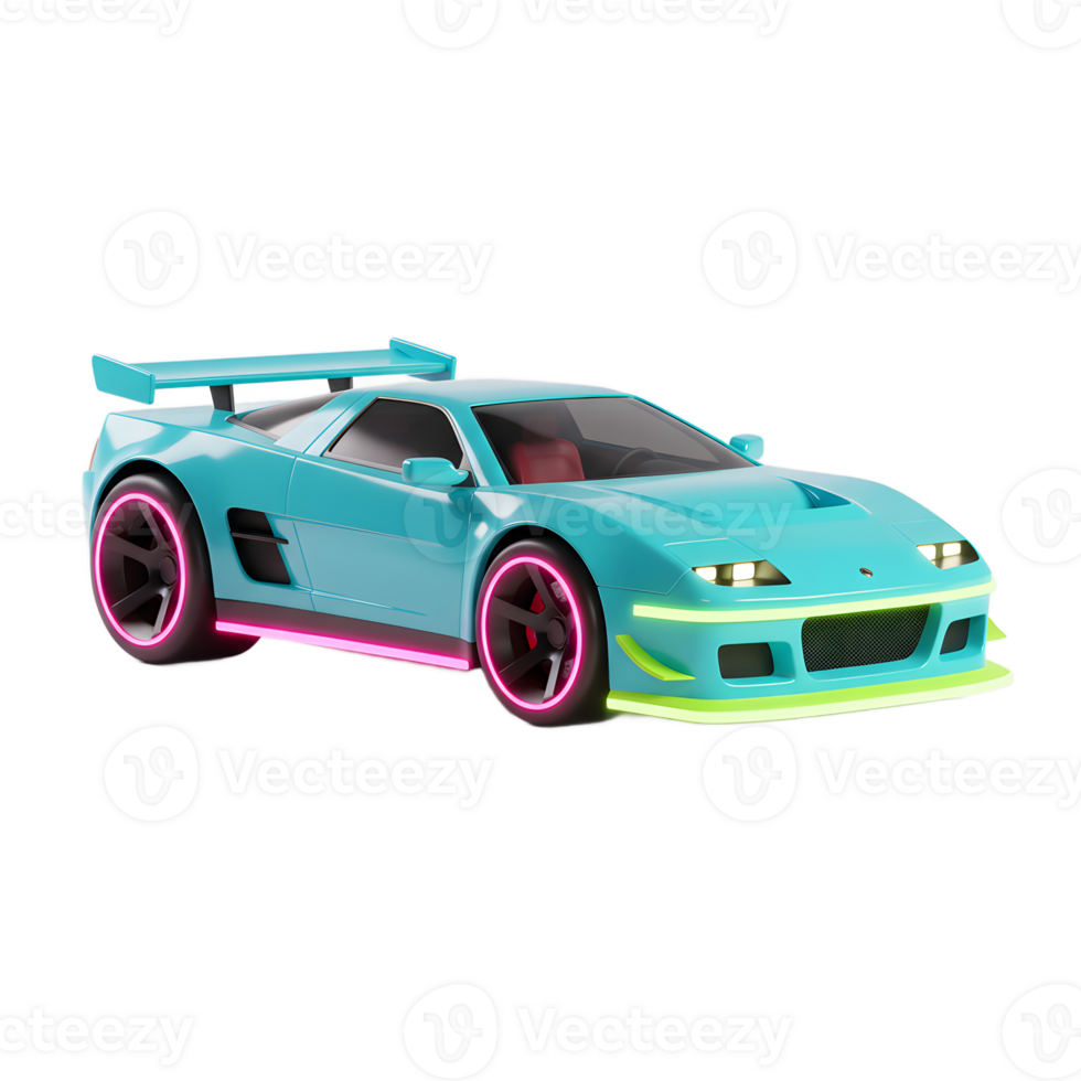 A stylish teal sport car is illuminated with neon accents, showcasing a futuristic and vibrant design for digital art or automotive visualization. png