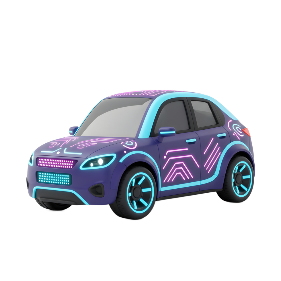 A purple car with neon lights is depicted on a white background, which can be used as a concept illustration. png