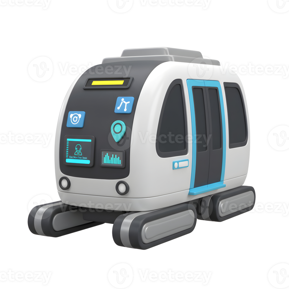 A futuristic vehicle pod with digital displays and track-like wheels is depicted, possibly for transportation or innovative urban mobility. png