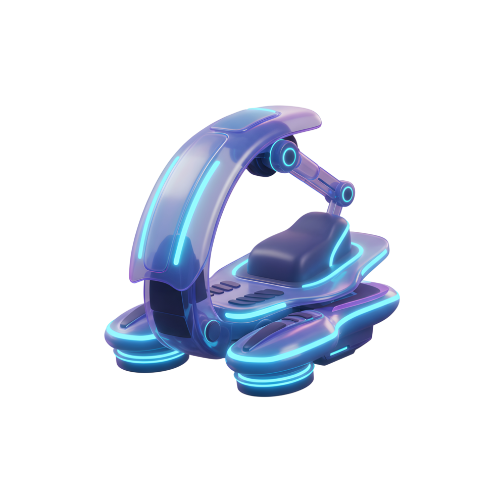 This futuristic vehicle concept features a sleek design and neon lights, suggesting a transportation method of the future. png