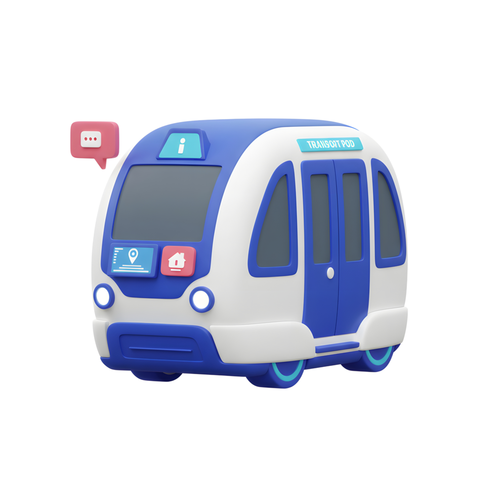 Cartoon transport pod with communication cloud icon, information icon, location icon, and house icon can be used for transportation visualization. png