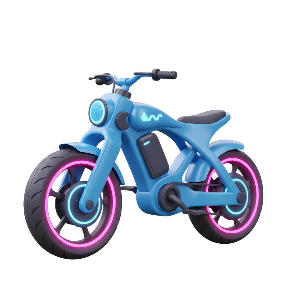 A futuristic-looking blue electric bike features neon lights on the wheels and front light, ideal for a design or promotional asset. png