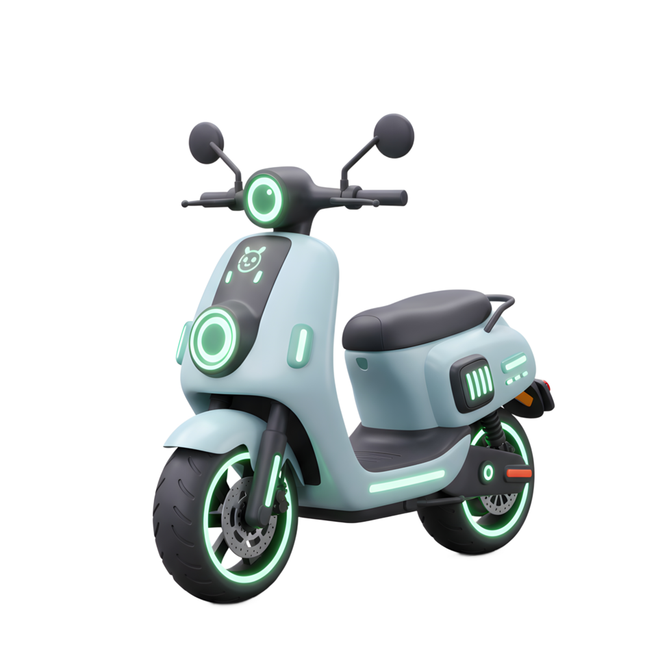 This light blue motor scooter is adorned with neon lights, creating a futuristic aesthetic ideal for urban transportation. png