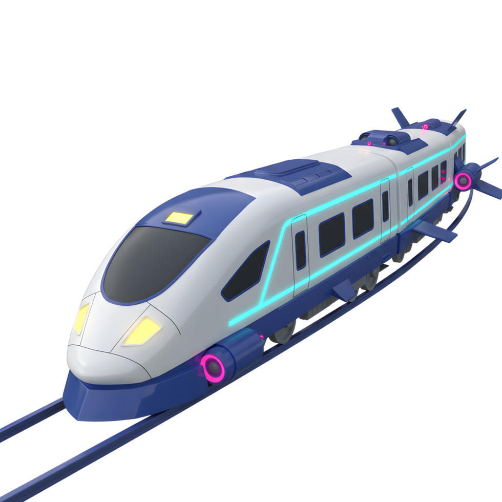 A futuristic, blue and white train with wings runs on a track, showcasing a modern design, perfect for imaginative play or transportation concepts. png