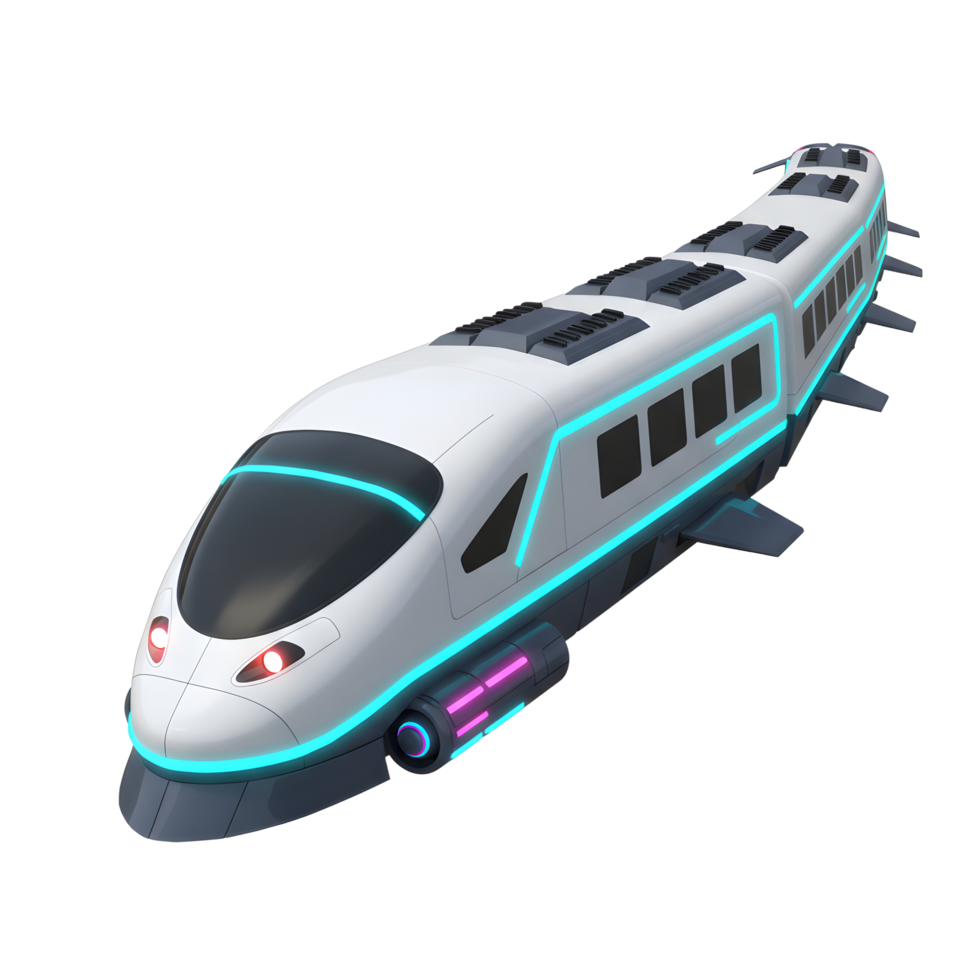 A white, futuristic train with blue and pink glowing lights is depicted on a white background, which could be used for concept art or a children's book illustration. png