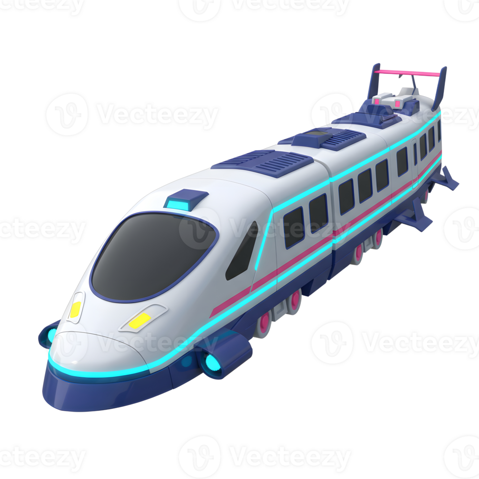 This futuristic-looking toy train is designed with a sleek, modern aesthetic and features neon lights, making it a fun and visually appealing object for children to play with. png