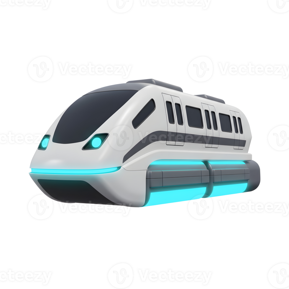 This is a futuristic looking train illustration featuring glowing lights and a sleek design, useful for transportation and technology themed projects. png