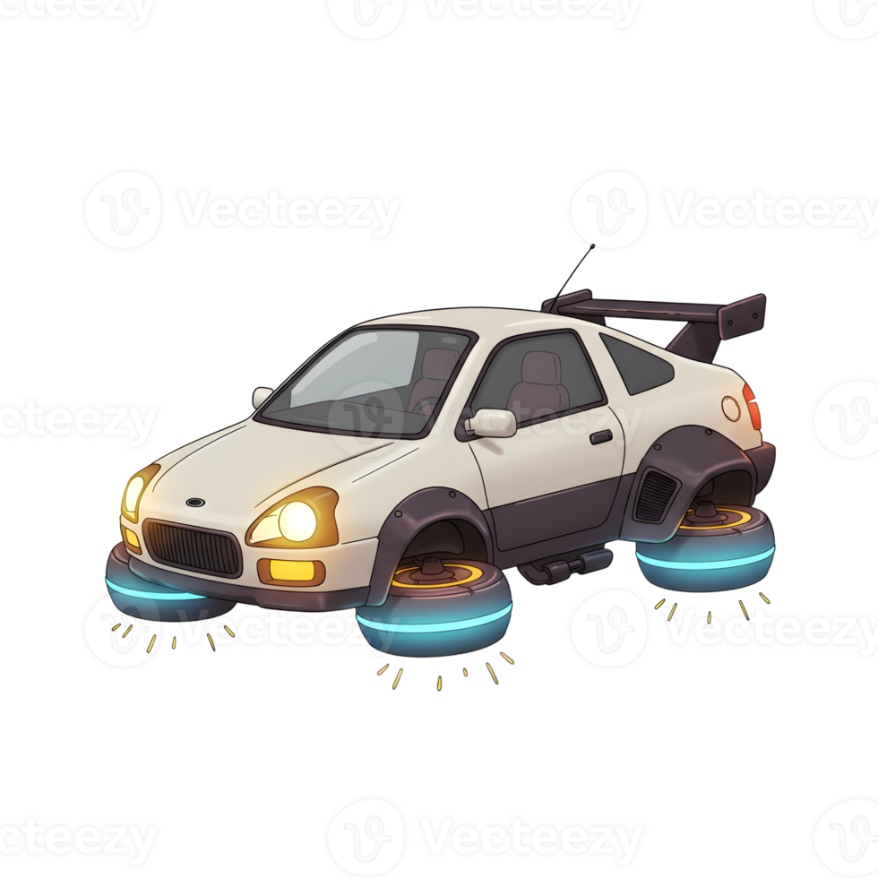 Cartoon flying car with glowing wheels, spoiler, and antenna hovers above the ground, creating shadows for use in futuristic or fantasy designs. png