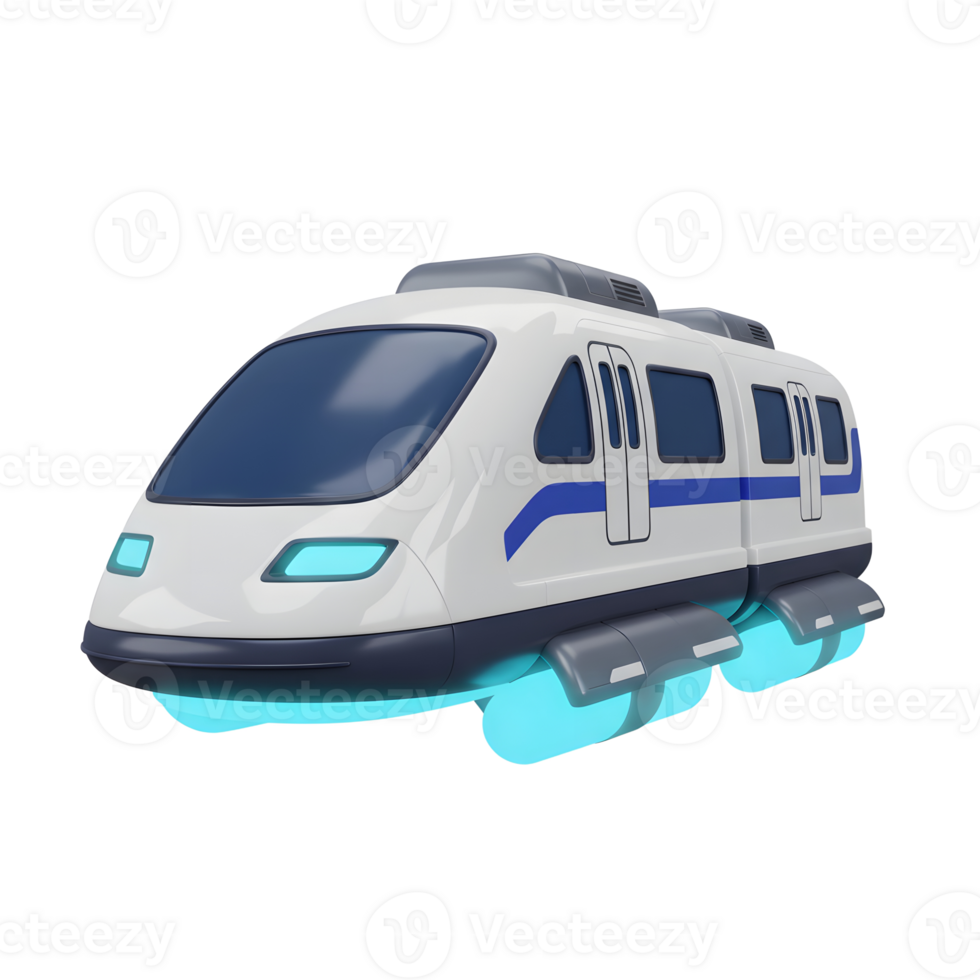 A sleek, white futuristic train hovers with blue lights, symbolizing advanced transportation technology for modern transit systems. png
