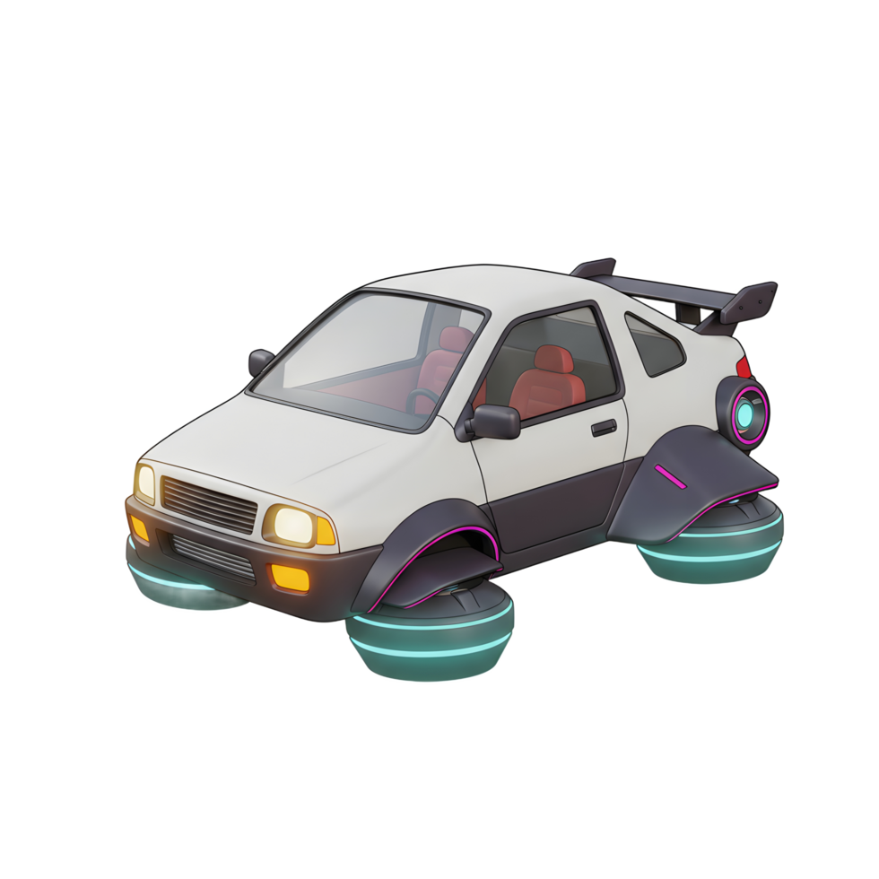 A futuristic car is designed with flying wheels that have a glowing effect, shown in a cartoon style to be used for entertainment purposes. png