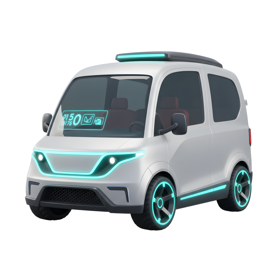 A white futuristic car with neon blue accents and a digital dashboard panel is depicted, possibly for use in transportation or technological illustrations. png