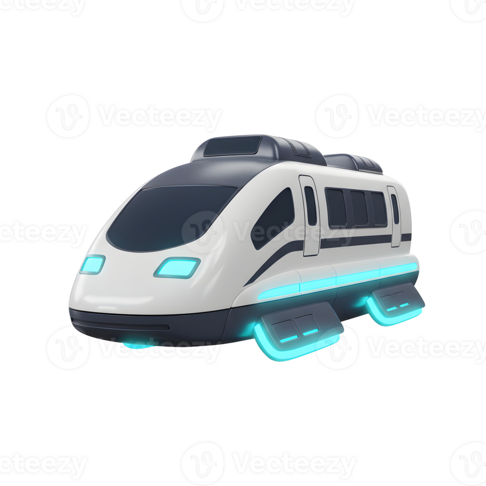 An isolated futuristic train is rendered in a cartoon style with blue neon accents, perfect for science fiction themed projects. png