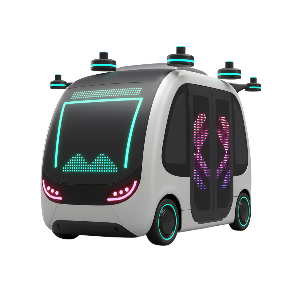 A modern autonomous shuttle features a sleek white exterior with neon blue and pink accents, conveying a sense of innovation and technology for future transportation solutions. png