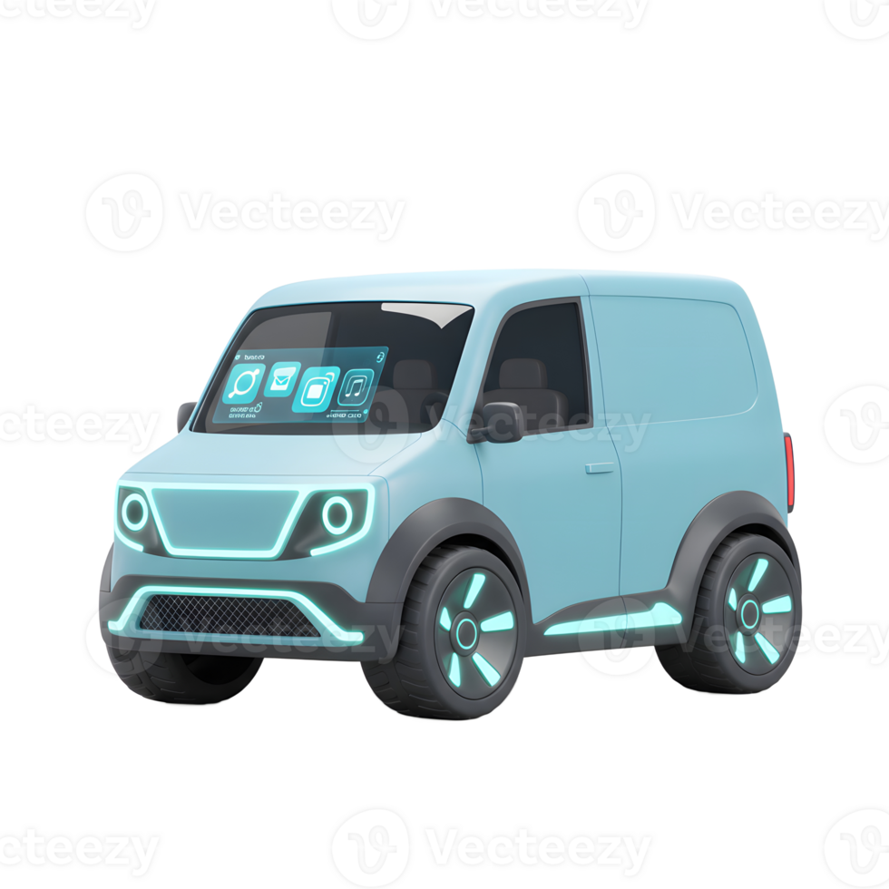 A light blue cartoon-style delivery van features a screen displaying application icons, ideal for showcasing futuristic or digital interface concepts. png