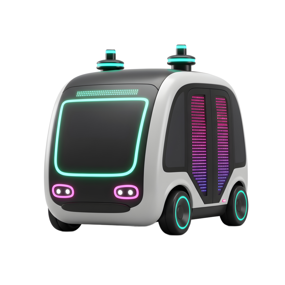 Futuristic autonomous vehicle features neon lights and a sleek design, making it ideal for transportation and showcasing innovation. png