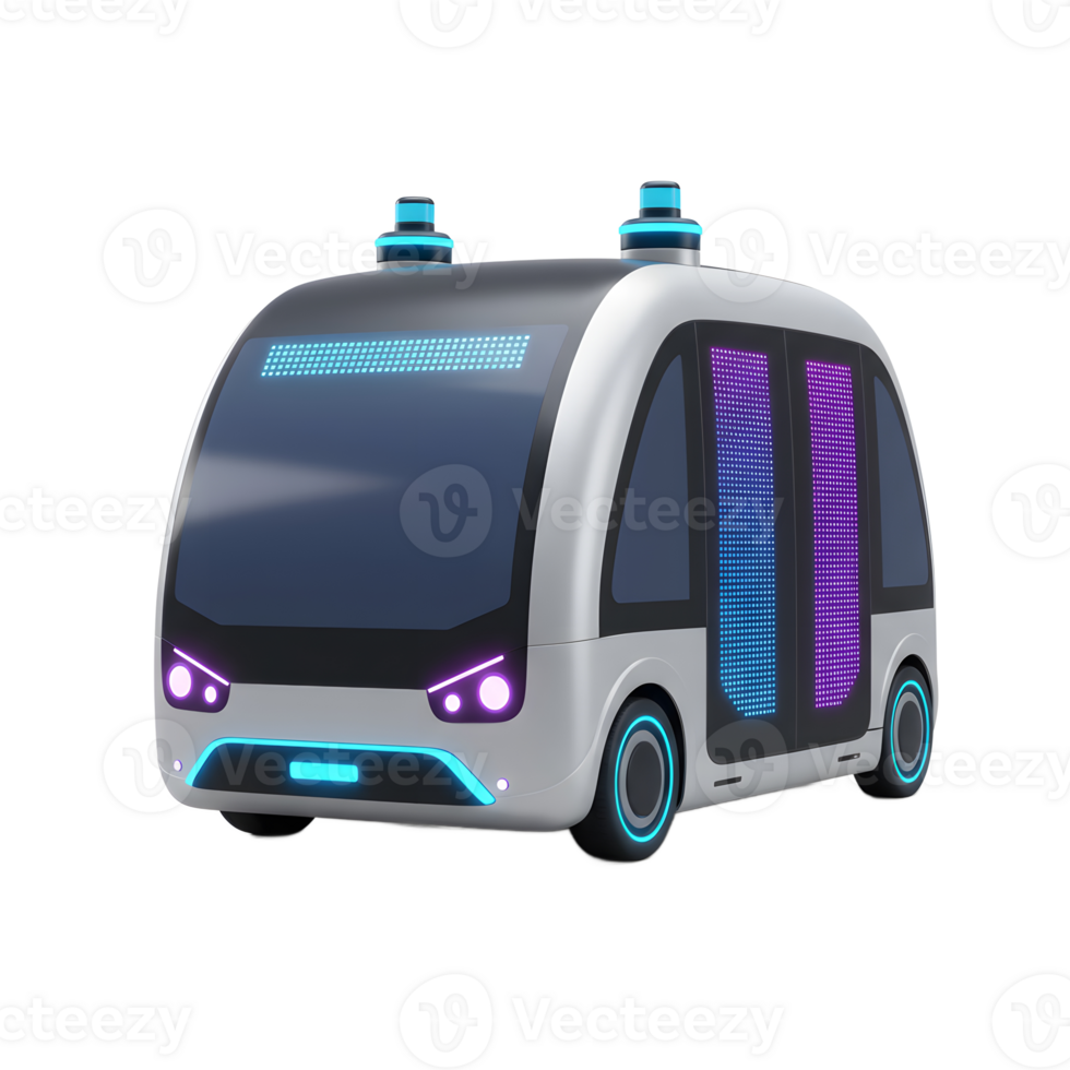 A futuristic shuttle with an autonomous driving system and LED displays is isolated on a white background, ready for use in presentations about future transportation. png