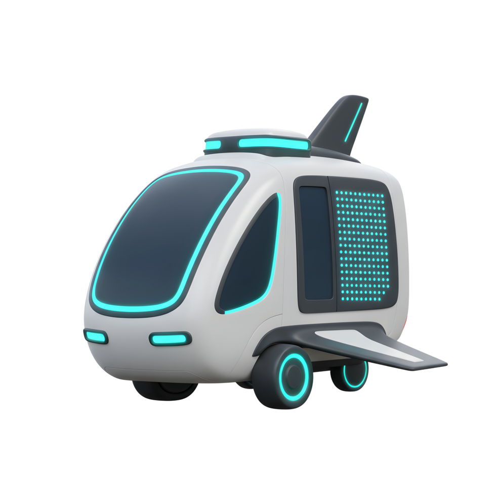 A white and gray futuristic vehicle with neon blue lights features a dark window, gray wheels, and a wing, making it suitable for transportation design or technology concepts. png