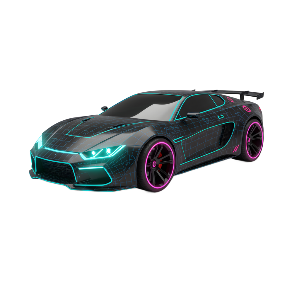 A sleek black car is outlined in glowing blue grid patterns with bright blue headlights and pink wheels against a white background, ideal for showcasing modern technology. png