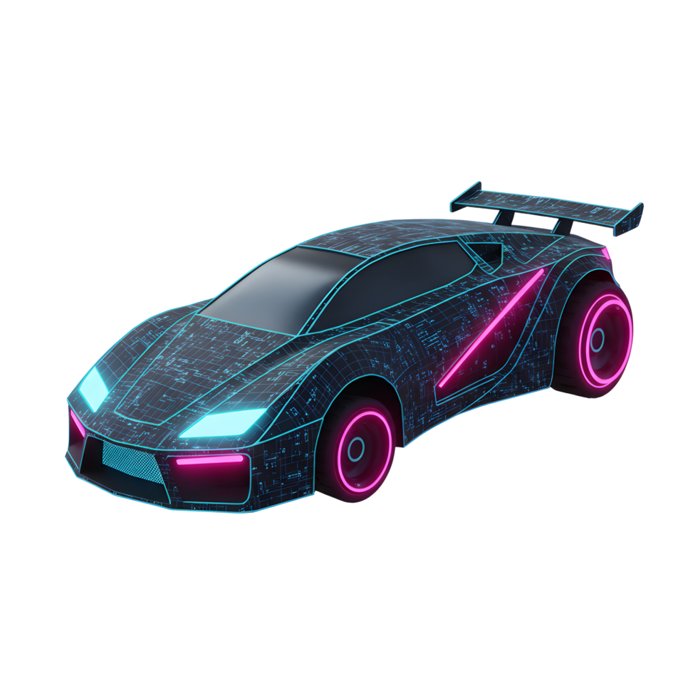 A sleek futuristic car with a black circuit board pattern is highlighted by vibrant neon pink and blue lights, perfect for digital art and futuristic themed designs. png