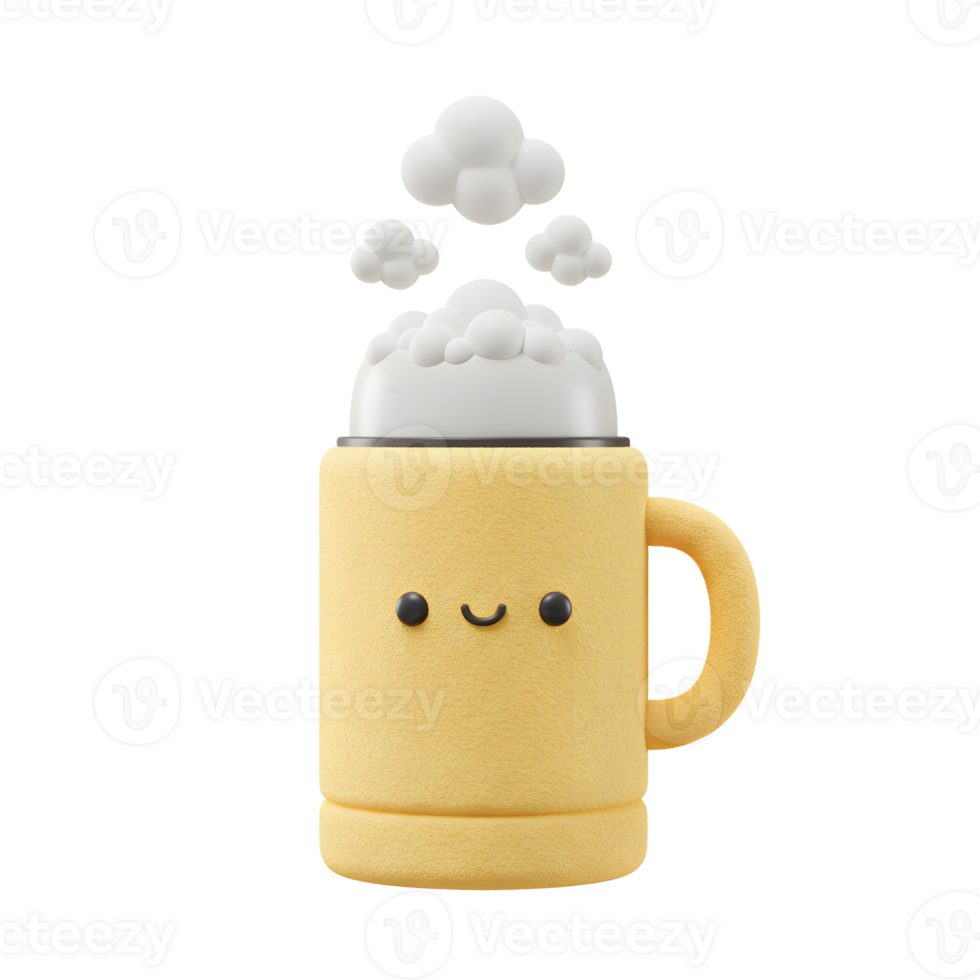 A cheerful yellow mug full of beer with bubbles is pictured against a white background, suggesting lighthearted celebration. png
