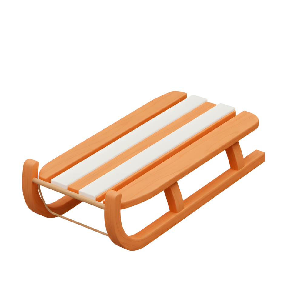 A wooden sled with orange sides and white stripes is displayed, ready for winter snow activities. png
