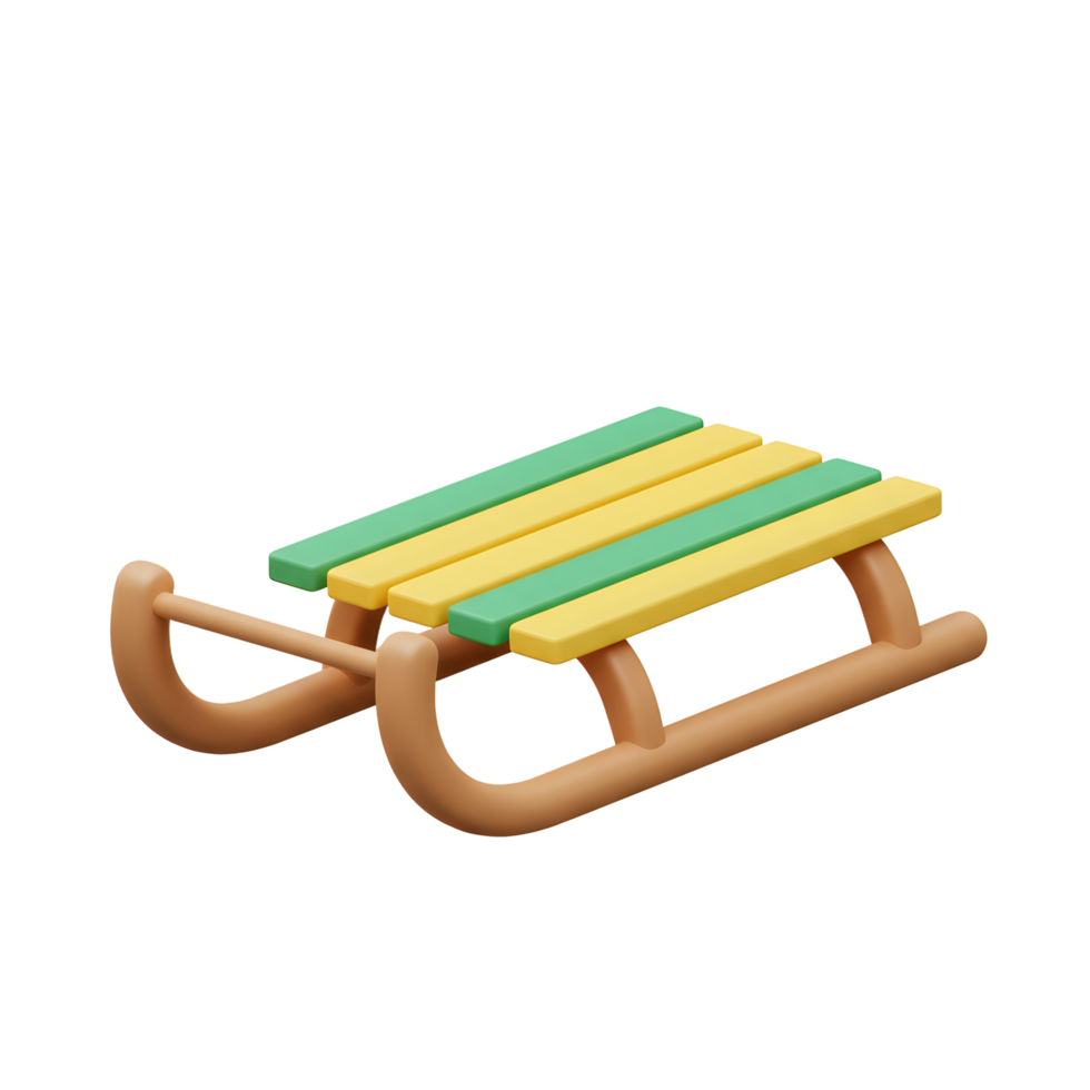 A wooden sled with alternating green and yellow stripes sits against a plain white background, perfect for winter play and snowy adventures. png