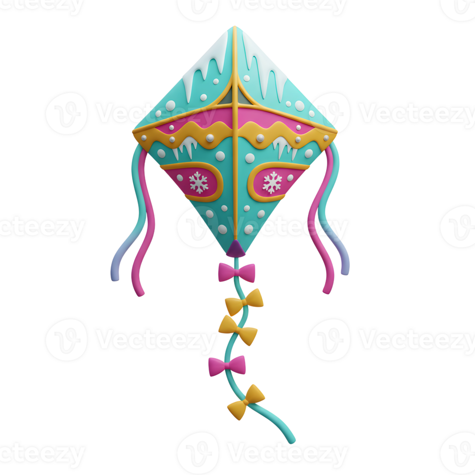 A colorful kite decorated with snowflakes and bows is shown against a white background, perfect for celebrating winter holidays and playtime. png