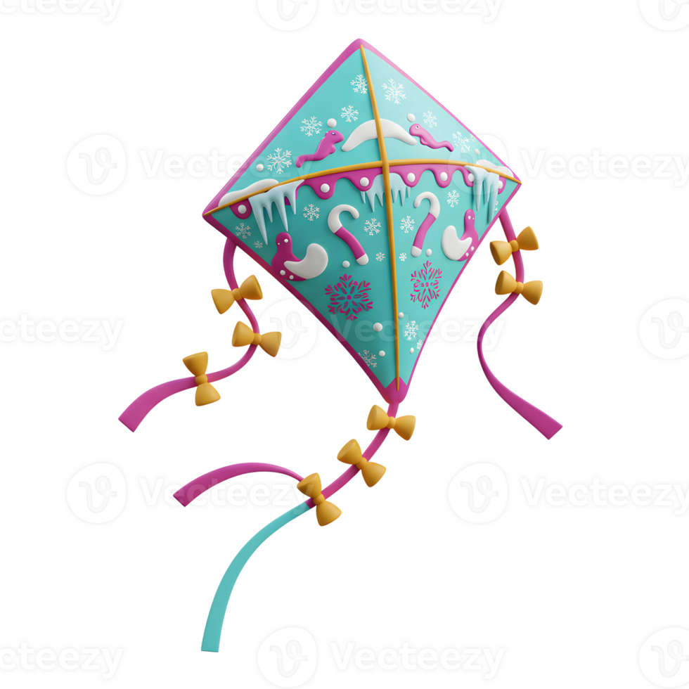 A blue kite with pink and white winter decorations is pictured against a white backdrop, perfect for seasonal displays. png