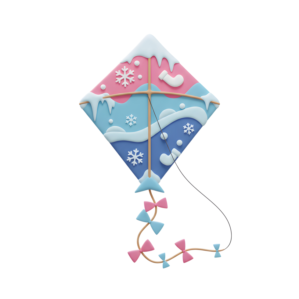 A pink and blue kite with snowflake and icicle decorations creates a whimsical winter scene, perfect for seasonal design or crafting projects. png