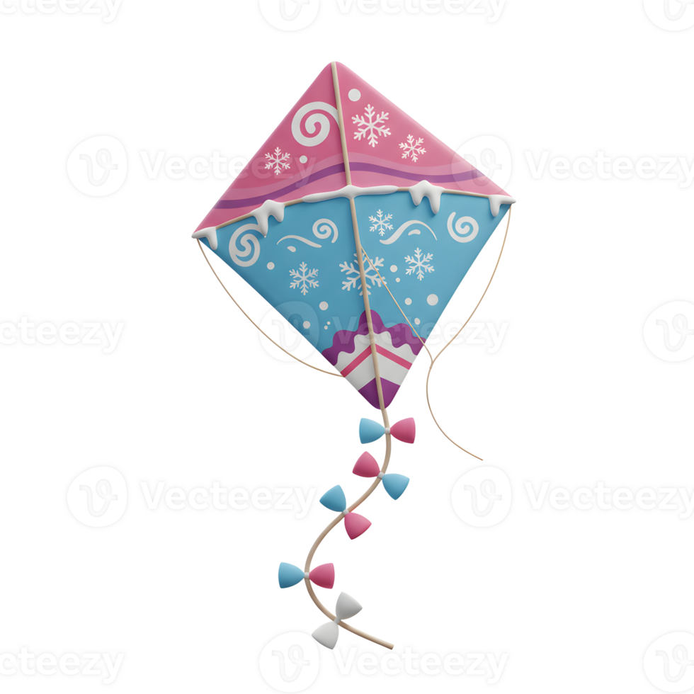 This wintery kite is adorned with bows and snowflake patterns, making it perfect for holiday decorations. png