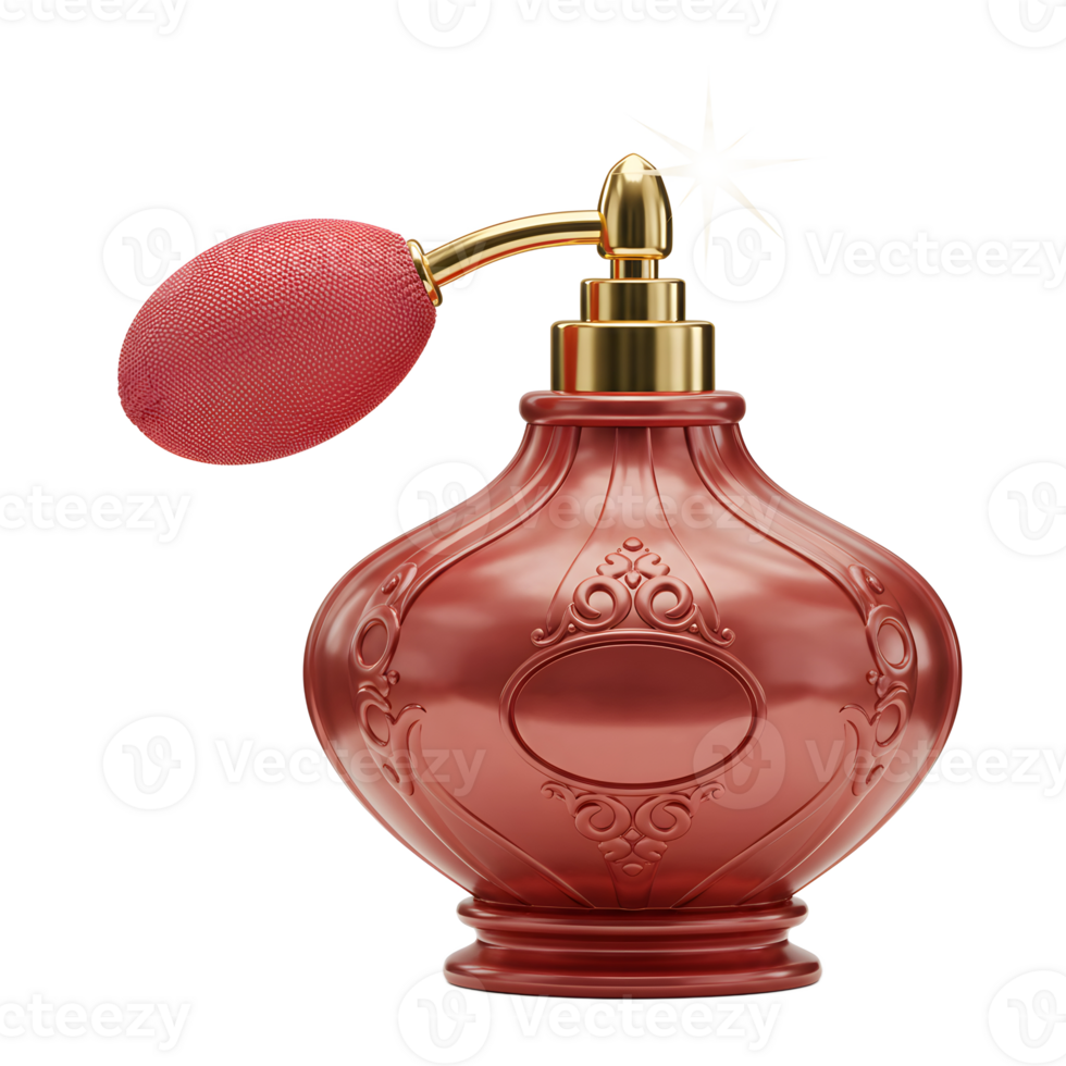 A red perfume bottle with a bulb atomizer features gold accents and a detailed design, making it suitable for fragrance application. png