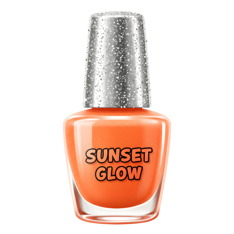 A vibrant orange nail polish called Sunset Glow is displayed against a white background, perfect for creating manicures. png