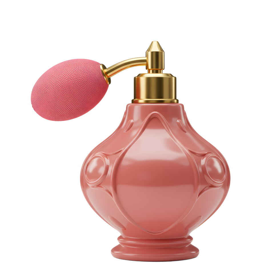 A pink perfume bottle with a gold nozzle is displayed against a white background, adding a touch of elegance to personal care routines. png