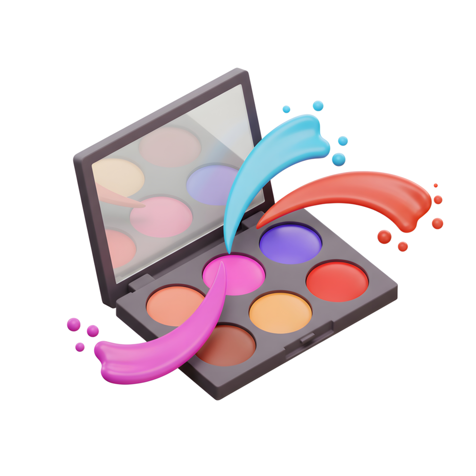 An eye shadow palette is featured with various paint color splashes coming out of the containers to showcase the vibrant pigment for beauty purposes. png