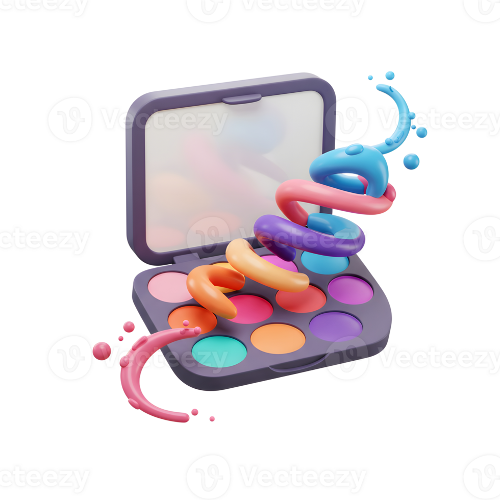A colorful eye shadow palette is shown with abstract shapes coming out of it, suggesting creativity for beauty product usage. png