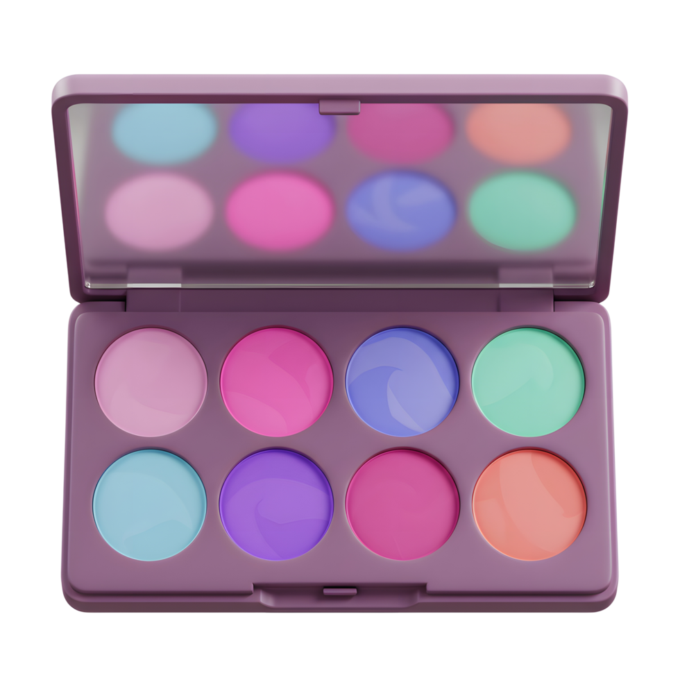 An open eye shadow palette displays various pastel shades in round pans, perfect for creating subtle and colorful makeup looks. png