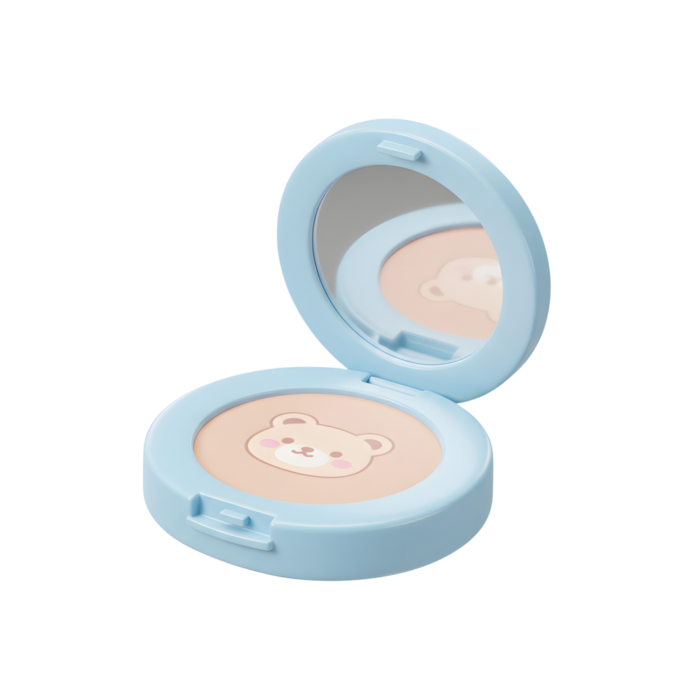An opened face powder with a bear illustration on the beige powder and cased in light blue also with an attached mirror is great for applying makeup on the go. png