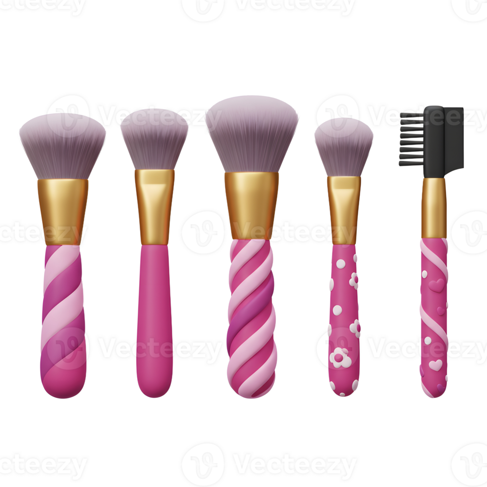 A set of five makeup brushes with pink and white handles are shown together, intended for cosmetic application. png