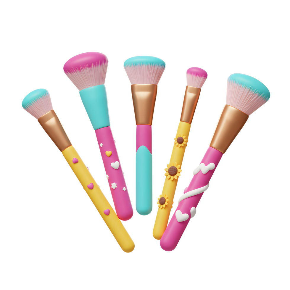 A collection of colorful cosmetic brushes with heart, flower, and star designs adds a playful touch for makeup application. png