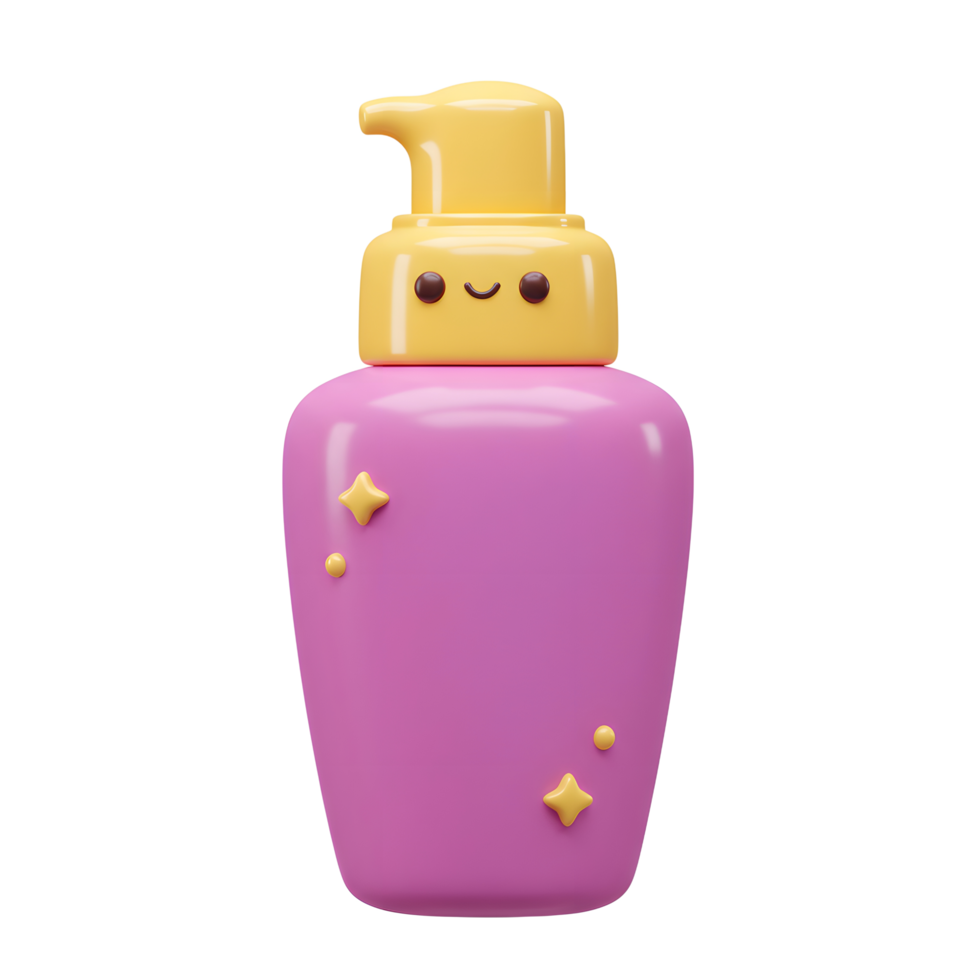 Pink bottle features a pump and a smiling face, decorated with star and dot shapes, and can be used for containing lotion or other personal care product. png
