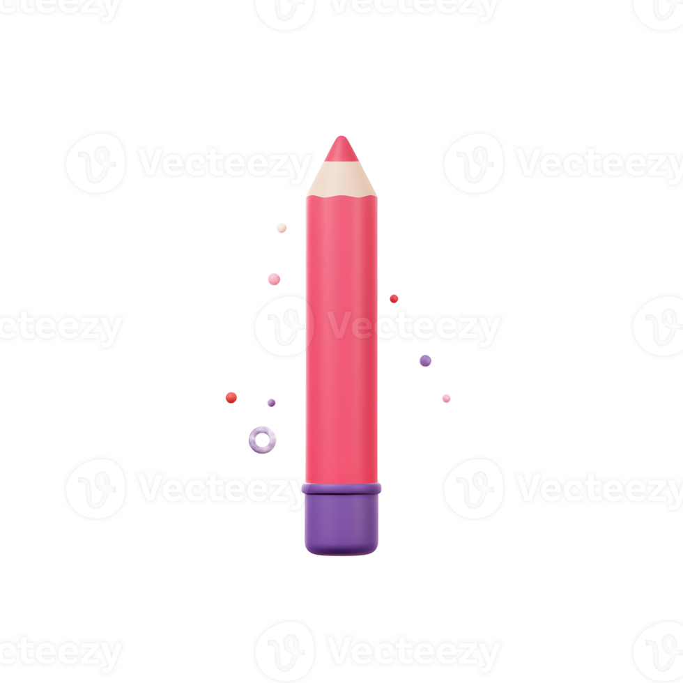 A pink pencil is shown in a 3D rendering with scattered colorful dots, suitable for design and illustrating projects. png