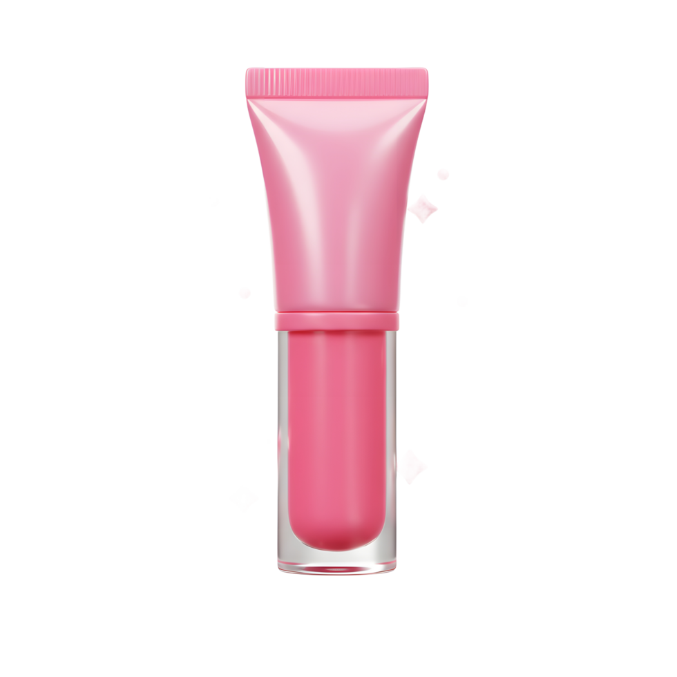 A pink gloss product in a tube is presented with shimmering shapes, perfect for beauty and cosmetic application. png