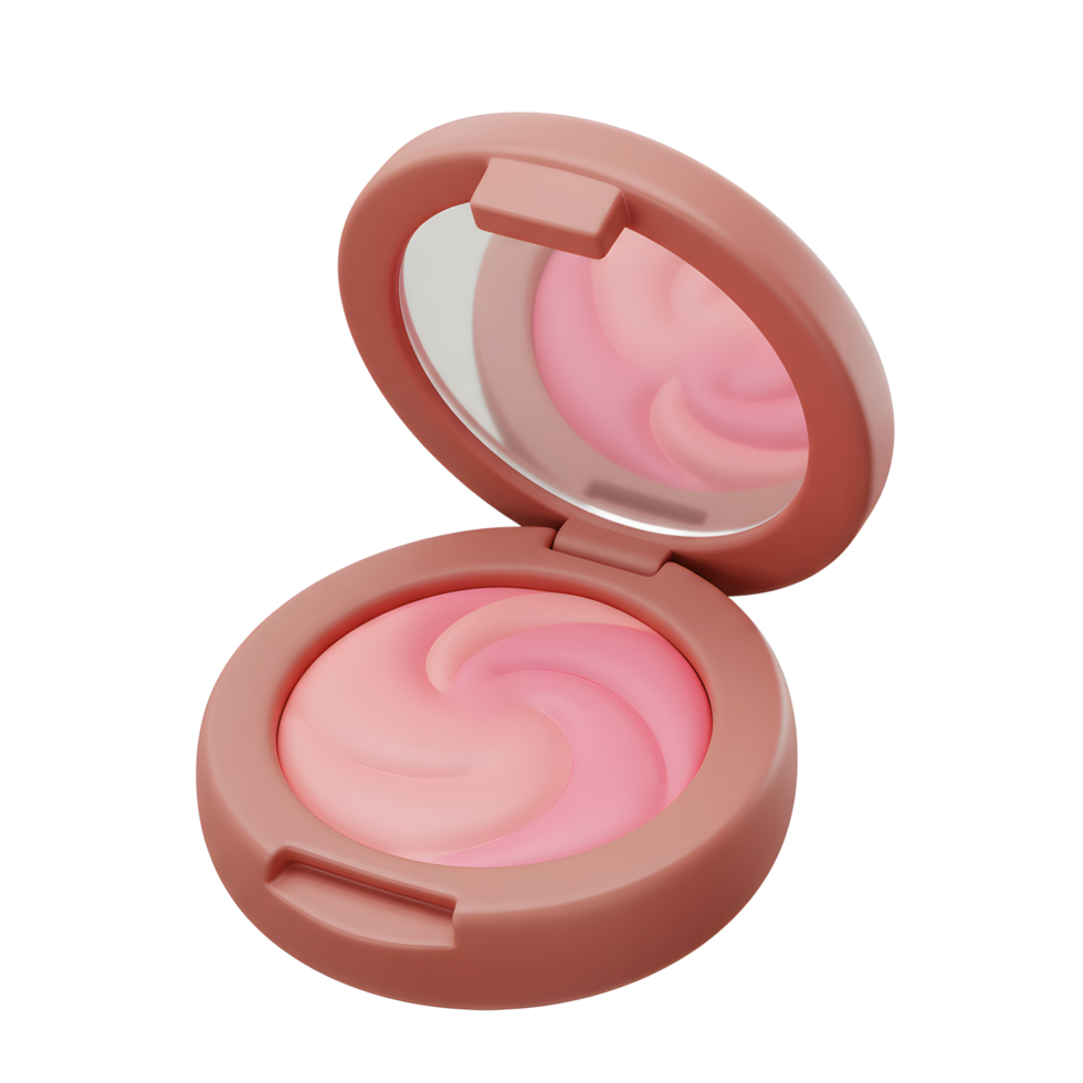 A peach colored blush compact is open to reveal a swirl pattern of pink and peach powder, showing a reflective mirror for application. png