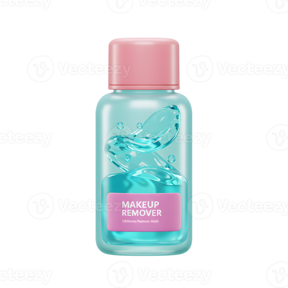 A light blue bottle containing liquid makeup remover is displayed against a white background, perfect for illustrating skincare products. png
